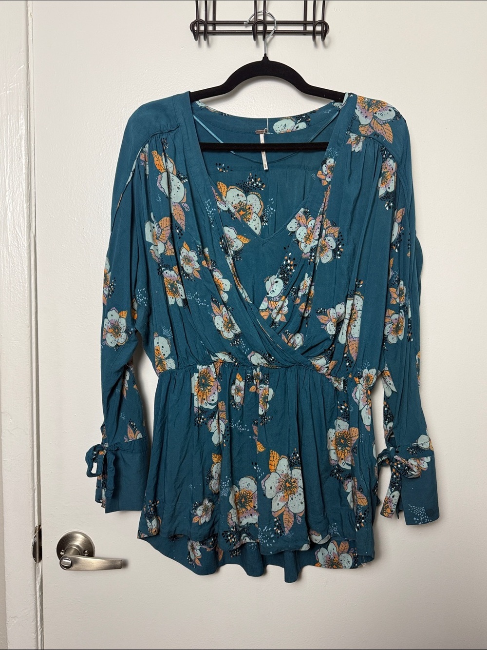 Free People Tuscan Dreams Floral Tunic Mini Dress Teal Blue Faux Wrap - Picture 6 of 11